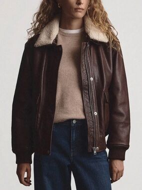 NEW Quince Small 100% Leather Shearling Trim Aviator bomber Jacket brown